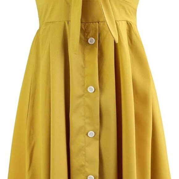 Yellow Tie Front Button Down Spaghetti Strap Midi Dress - Tumeric color - Picture 9 of 12